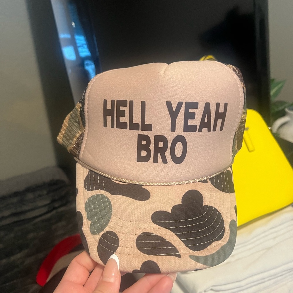Camo Trucker Hat with 'Hell Yeah Bro' Print